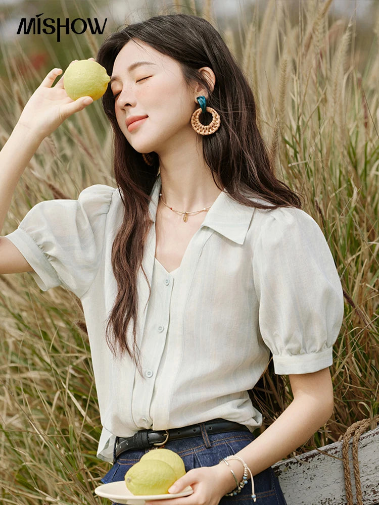 MISHOW Solid Short Sleeve Blouse Turn-Down Collar Slimming MXE33C0782
