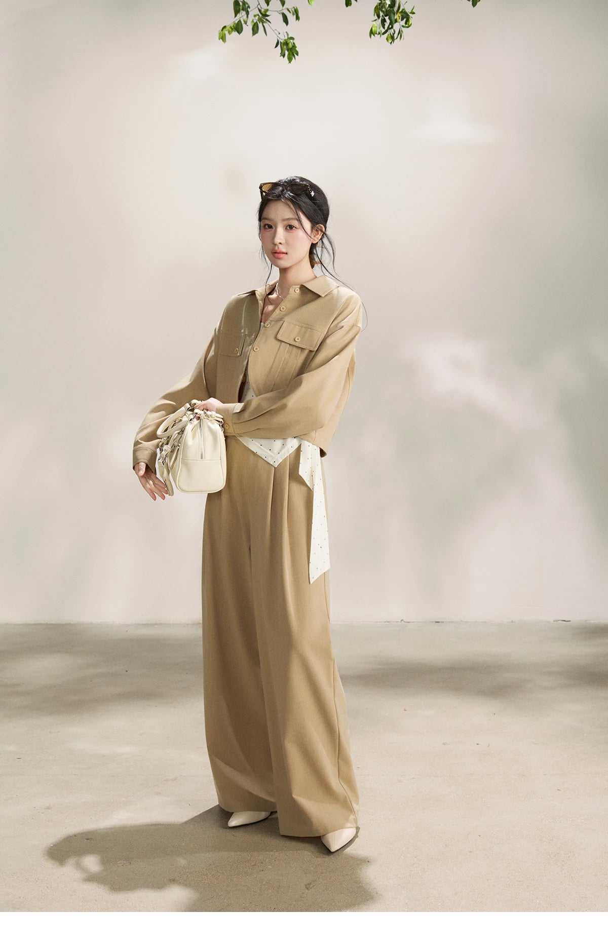 Mishow Khaki Cropped Jacket & Polka Dot Vest & Wide Leg Pants Three-Piece Set MXF13T1478