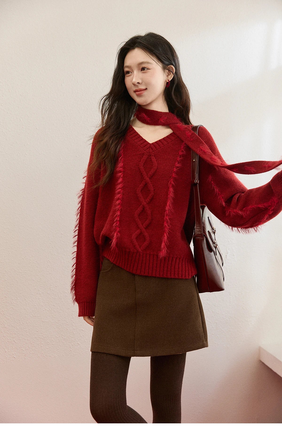 Mishow Burgundy Christmas Mink Fur Tassel Sweater MXE93Z2809