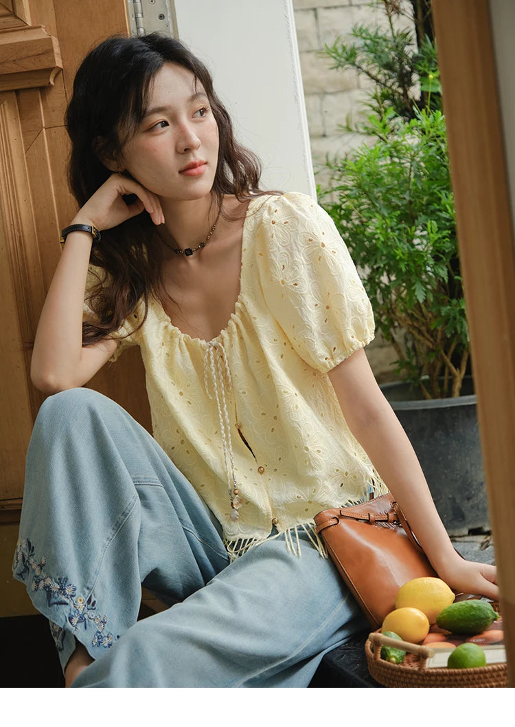 MISHOW Hollow Out Blouse Embroidery Puff Sleeve Square Collar Tassel MXE37X1851
