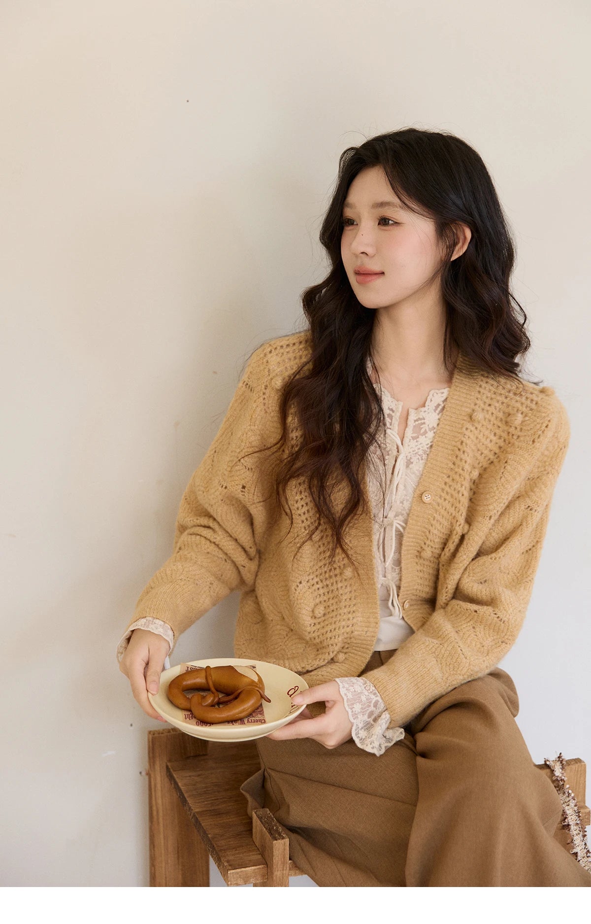 Mishow Hollow-out V-Neck Bobble Knit Cardigan MXF108Z1020