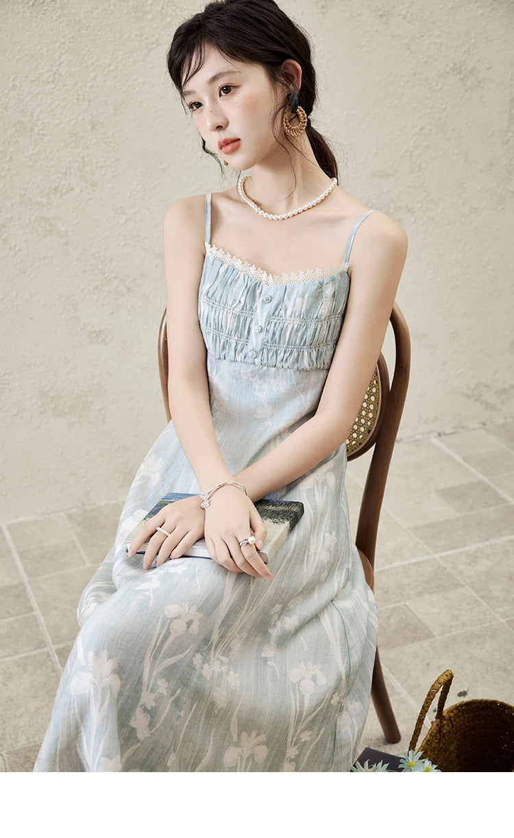 Mishow Print Square Collar Sleeveless Suspender Dress MXE16L2127