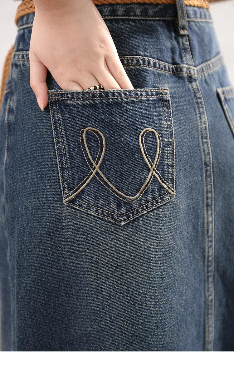 MISHOW Denim Fishtail Skirt Love Embroidered Pockets A-Line MXD28B0414