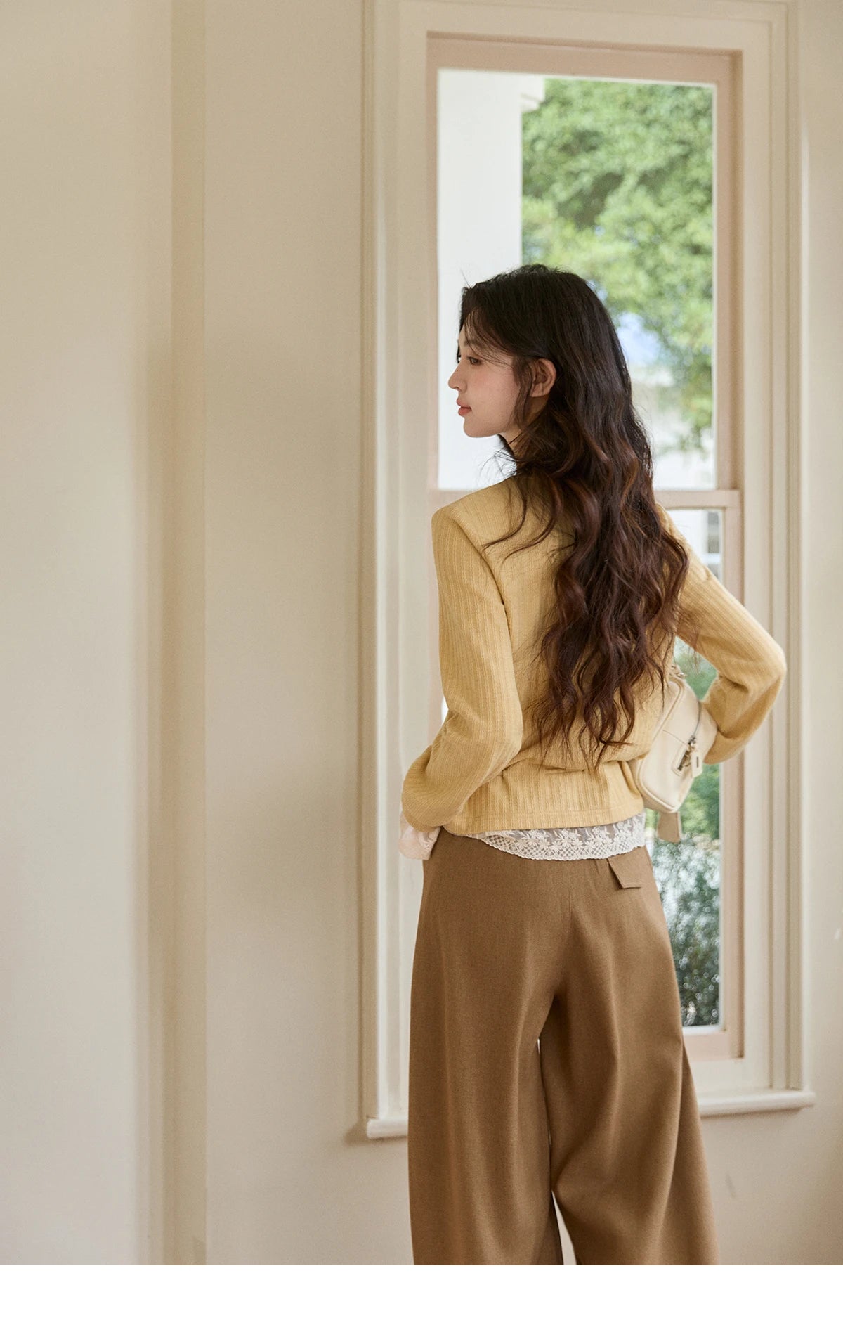 Mishow Yellow Ribbed Lace Trim Drawstring Cardigan MXF11Z2919