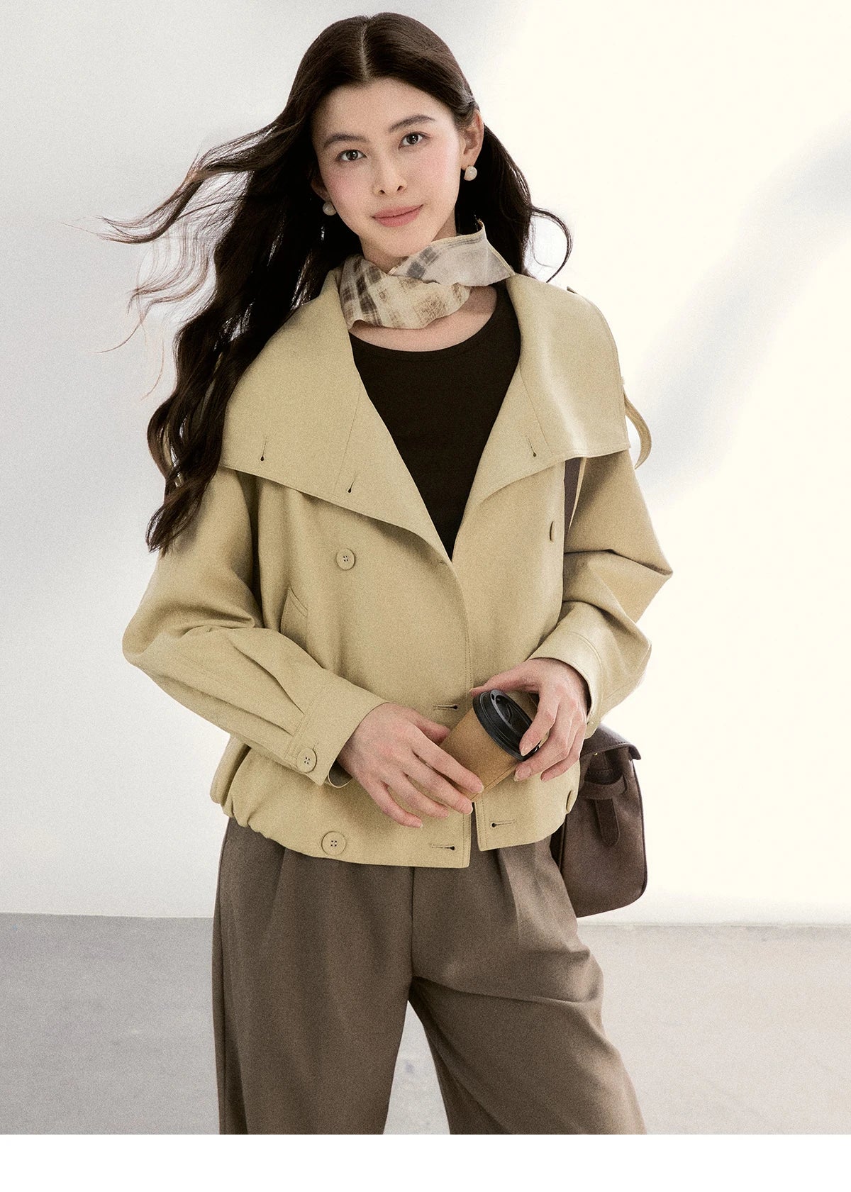 MISHOW Khaki Cropped Leather Jacket Lapel Stand Collar MXF108W1000