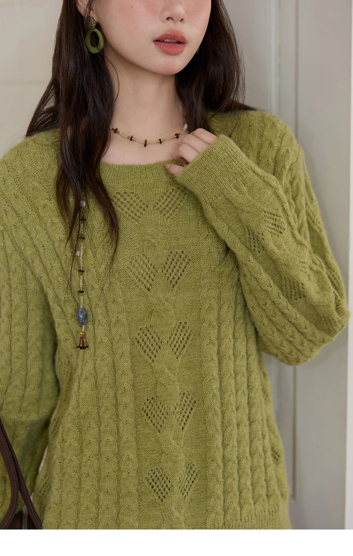 Mishow Green Retro Twisted Rope Hollow Pullover MXE49Z2520