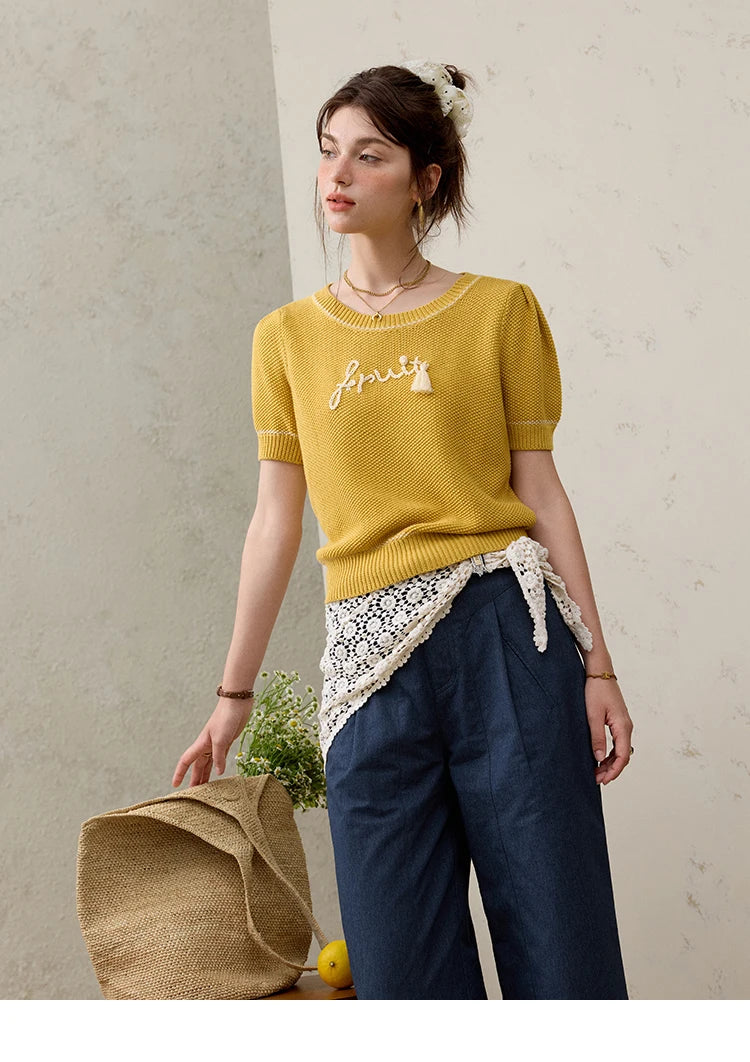 Mishow French Letter Short Sleeve Round Neck Pullover MXE33Z1219