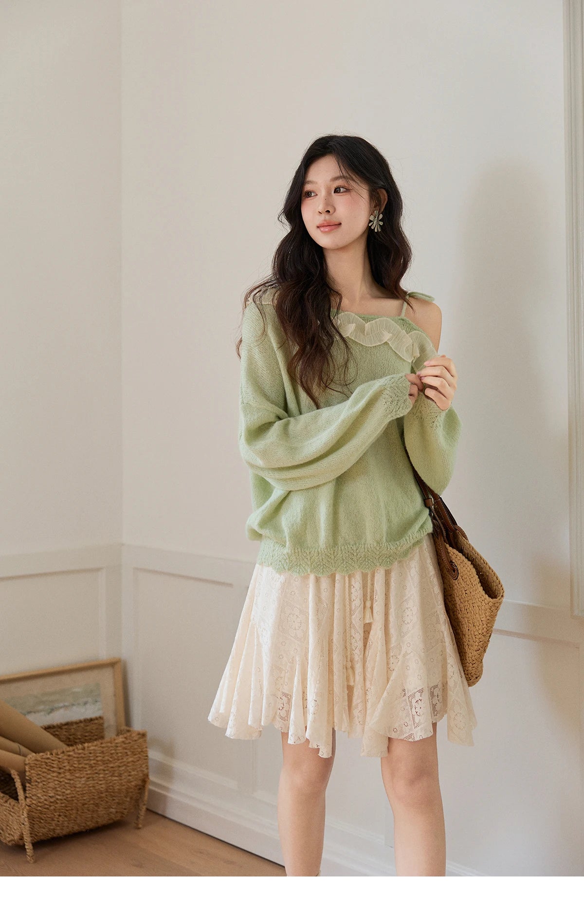 Mishow Beige Apricot Lace Tassel Midi Skirt MXF108B0768