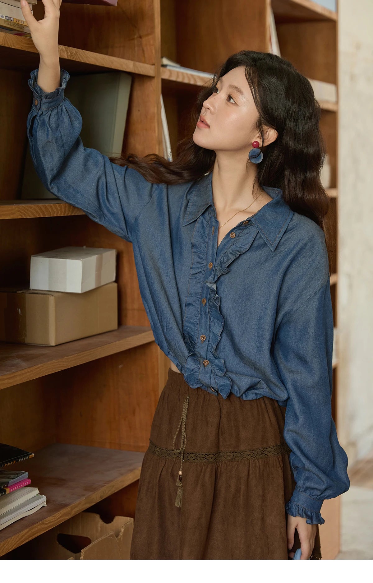 MISHOW Blue Lyocell Denim Shirt Ruffled Placket Waist Cinc MXE43C2386