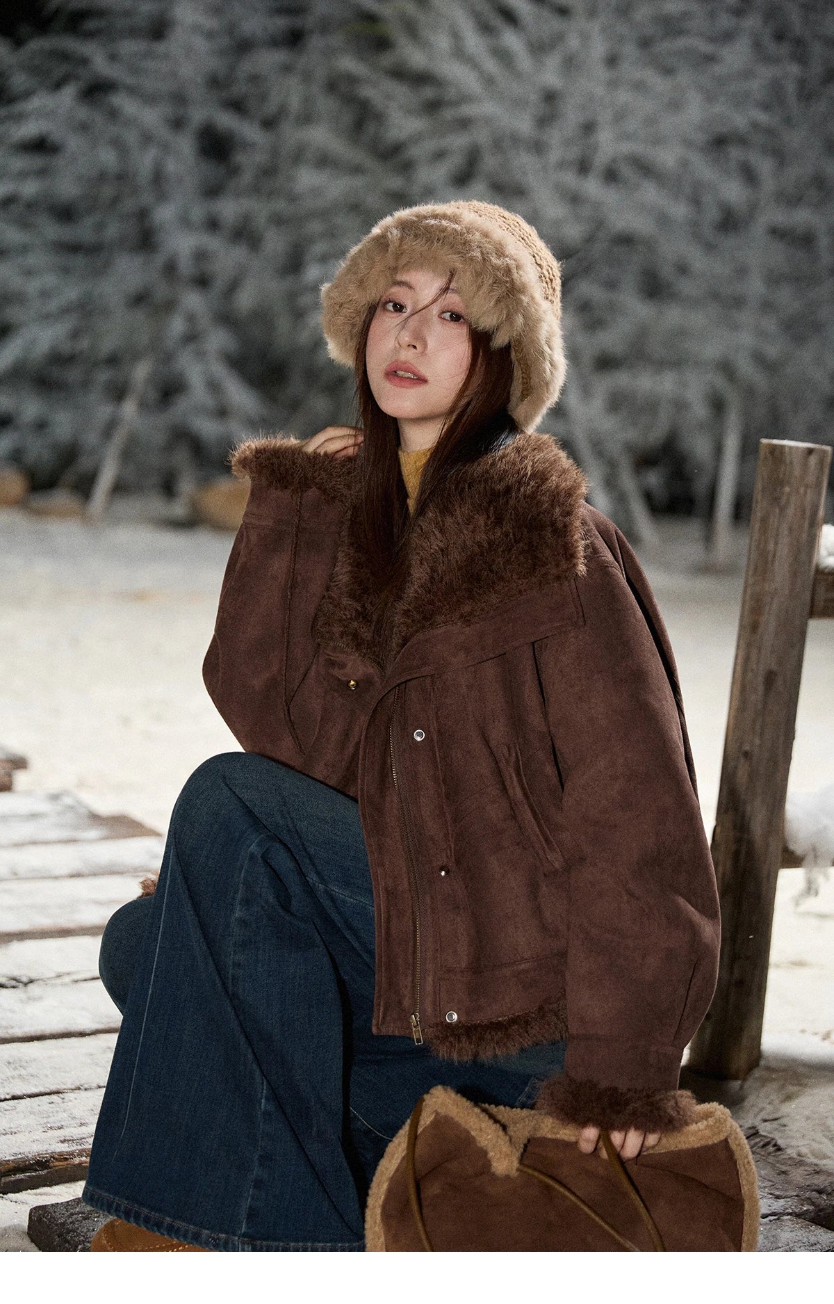 MISHOW Blue Plush Jacket Turn-Down Collar Zip-Up Loose MXE87W0917