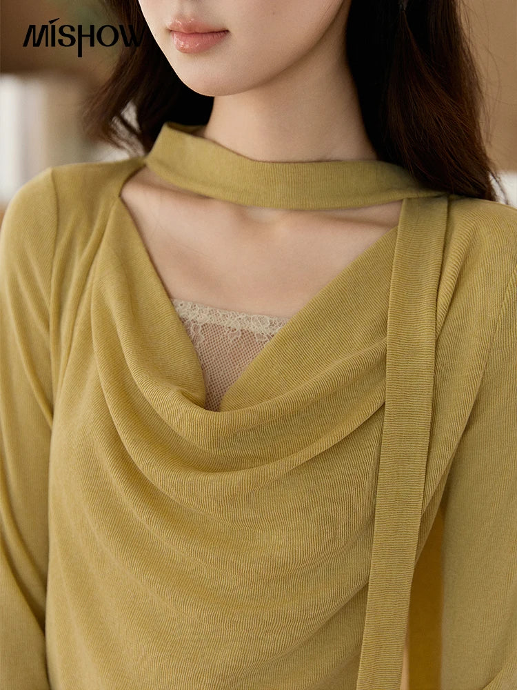Mishow Yellow Lace Splicing Ribbon Collar Top MXF108Z1030