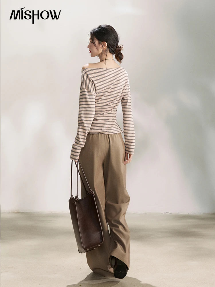 Mishow Striped Boat Neck T-Shirt with Necklace MXF13T1514