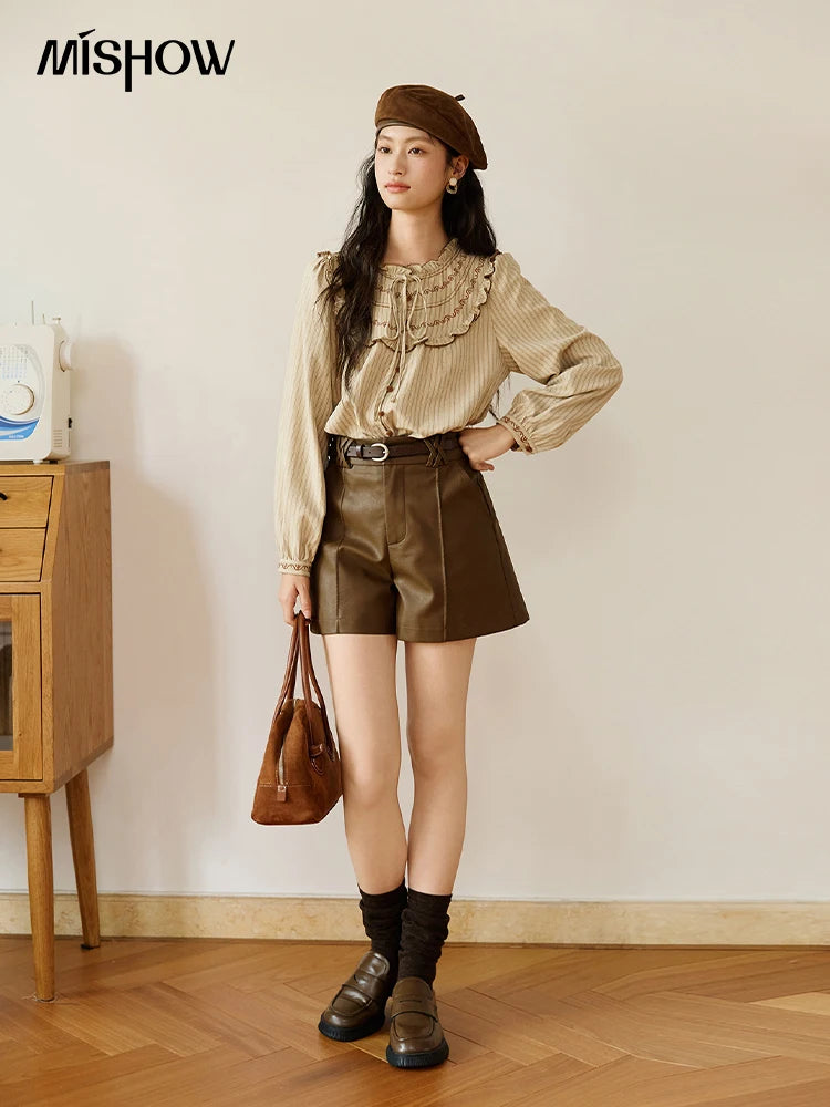 MISHOW Striped Shirt Wood Ear Edge Round Neck Embroidery MXE46X2492