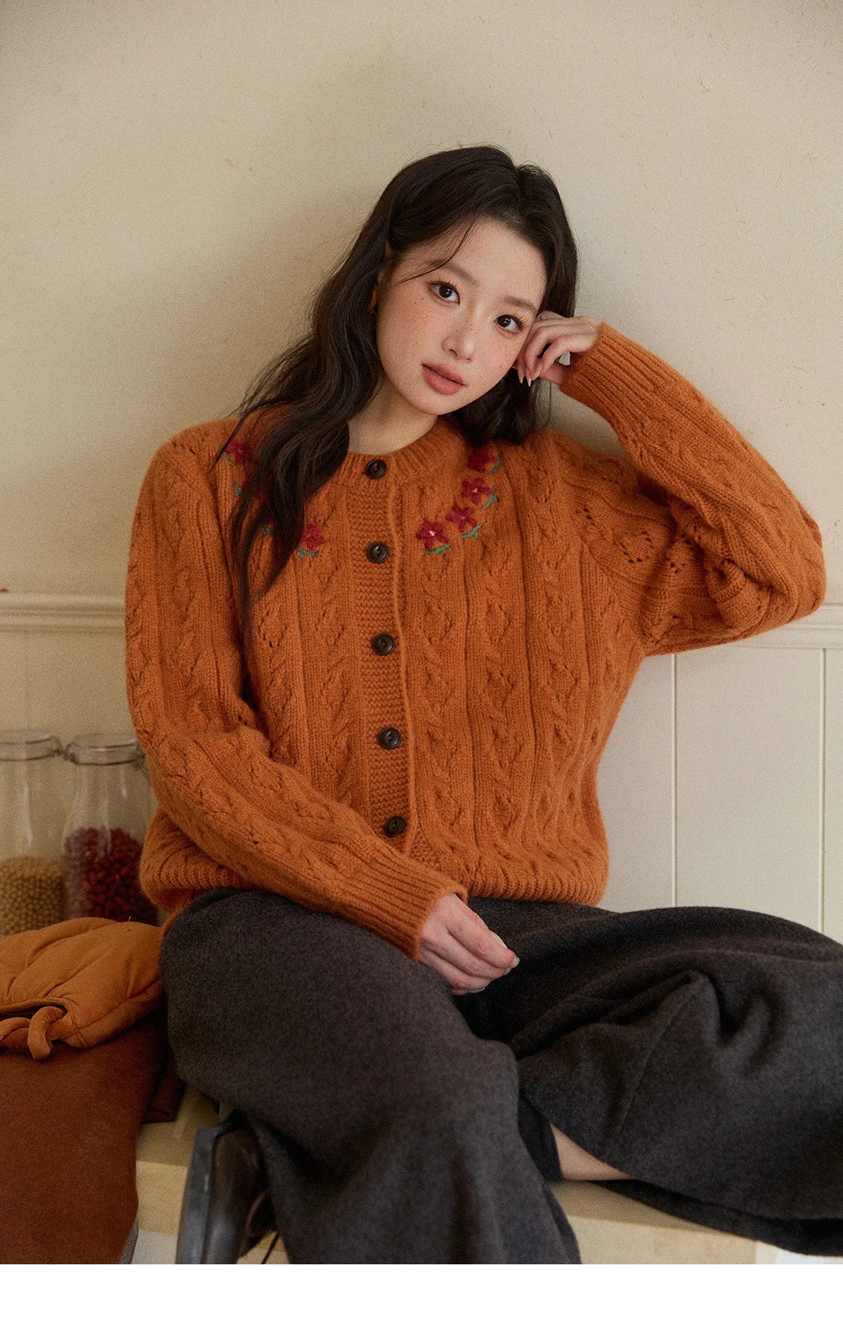 Mishow Orange Cable Knit Floral Embroidery Cardigan MXE86Z2737