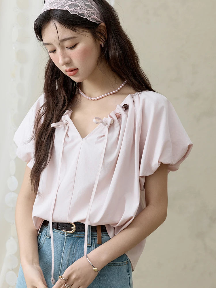 MISHOW V-Neck Puff Sleeve Blouse Beaded Retro Top MXE33X1757