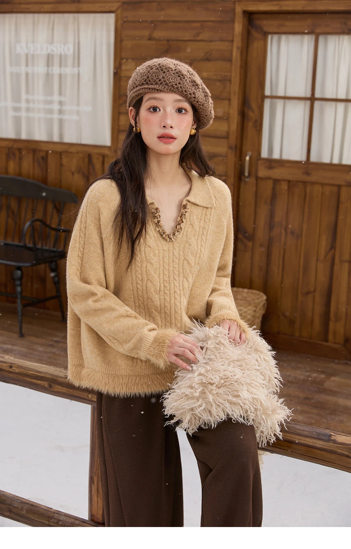 Mishow Yellow Cable Plush Hem Stitching Sweater MXE88Z2674