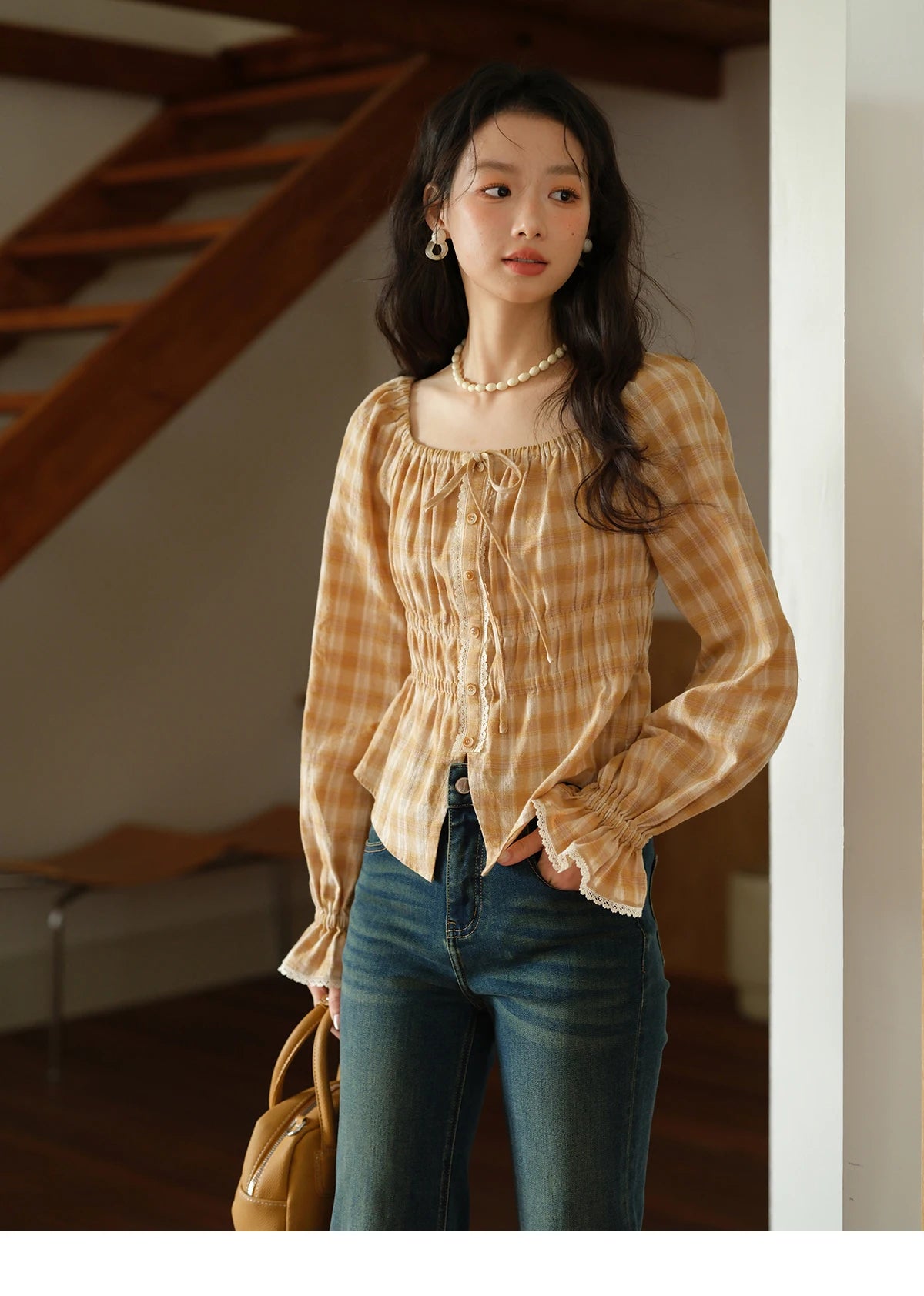 MISHOW Yellow Plaid Blouse Square Neck Puff Sleeve MXE43X1986