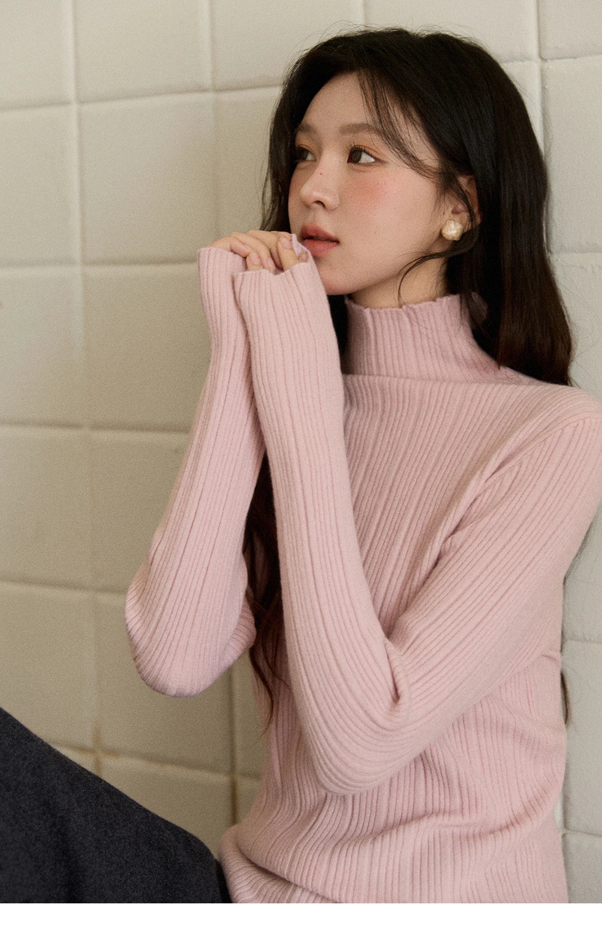 Mishow Solid Turtleneck Vertical Ribbed Slim Top MXE86Z2656