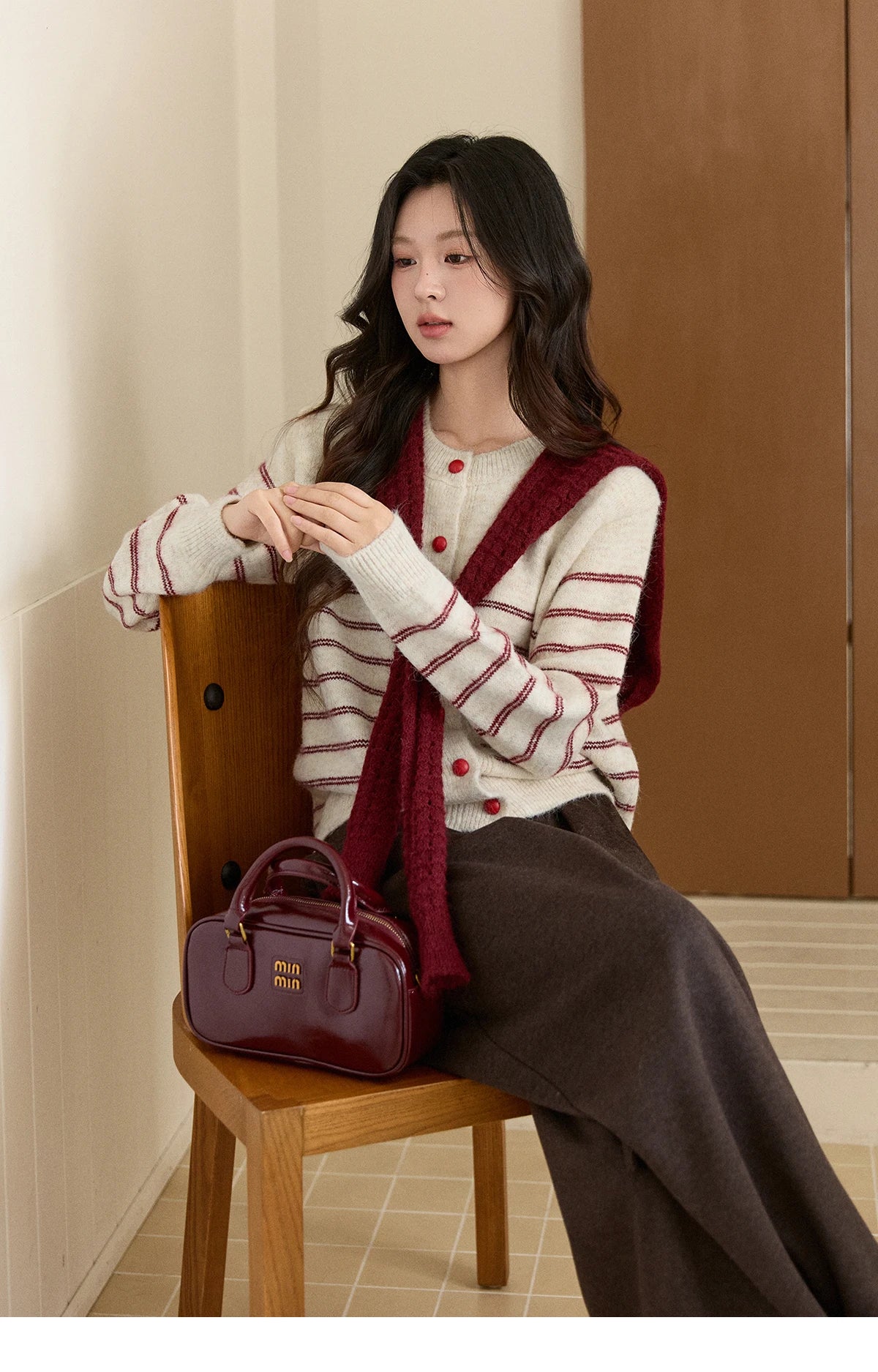 Mishow Beige Striped Red Scarf Button Cardigan MXE93Z2948