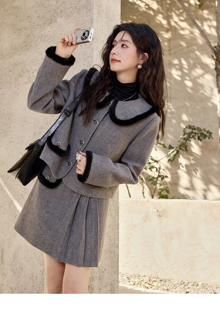 Mishow Plaid Tweed Jacket & Half Pleated Skirt Set MXD43W0442