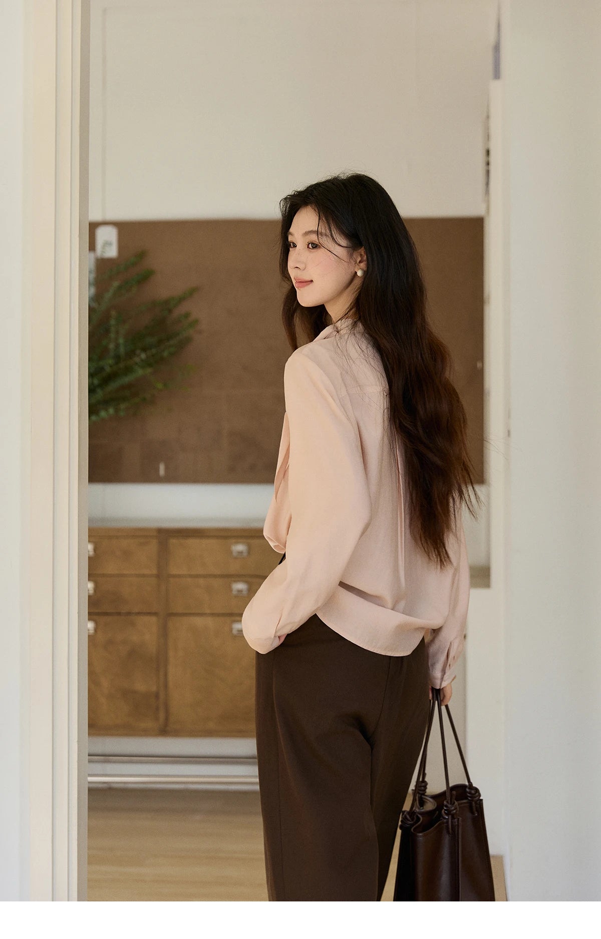 MISHOW Nude Pink Ribbon Stand Neck Shirt Button-Down MXE11X2547
