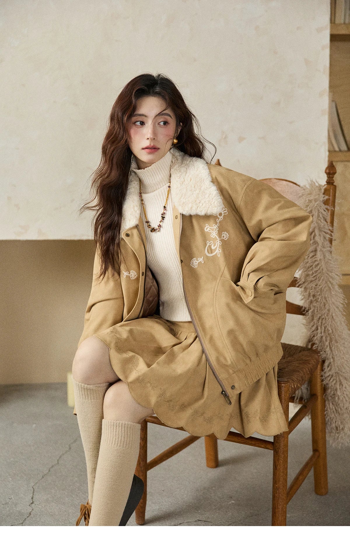 Mishow French Yellow Floral Embroidered Plush Zip-Up Coat MXE87W0932