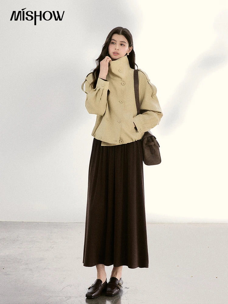MISHOW Khaki Cropped Leather Jacket Lapel Stand Collar MXF108W1000