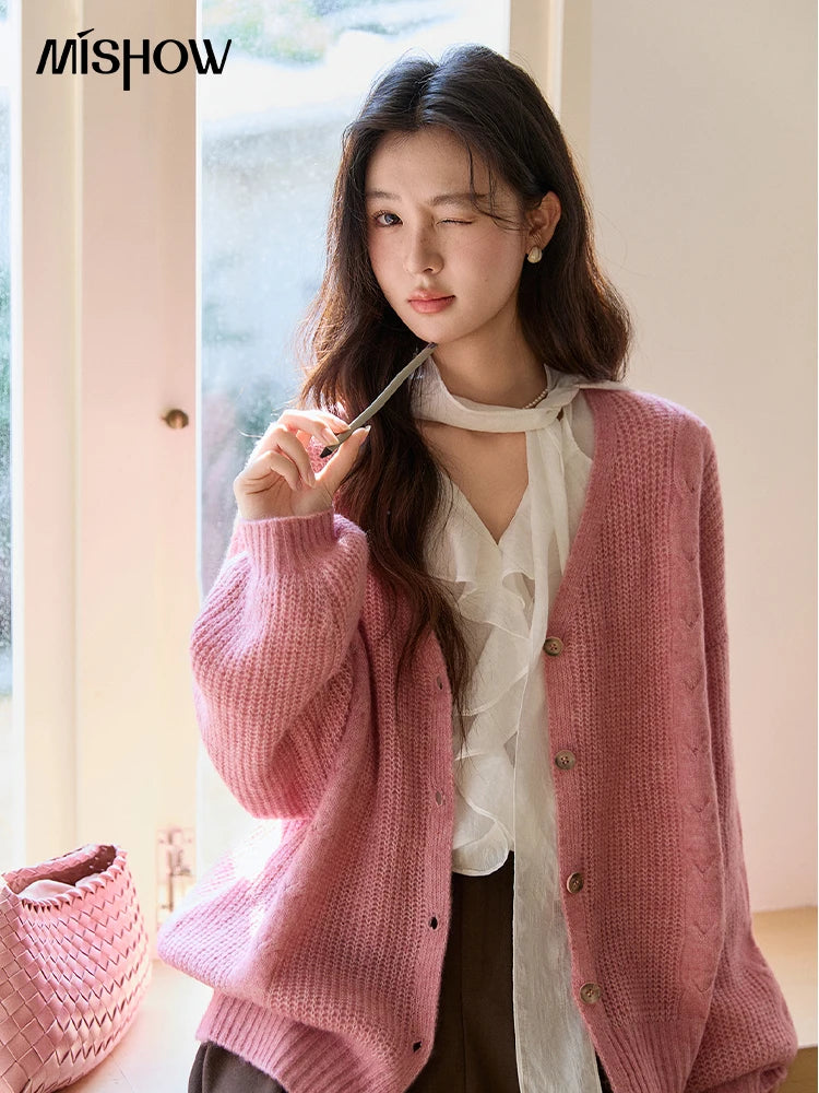 Mishow Dusty Pink V-Neck Knitted Cardigan MXF11Z2898