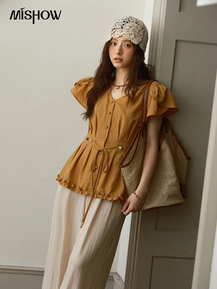 MISHOW Petal Sleeve Slim Shirt V-Neck Bead Belt MXE39X1881