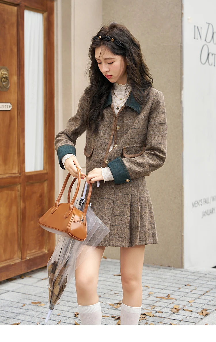 Mishow Fashion Retro Plaid Wool Jacket & Half Pleated Skirt Set MXC47W0154