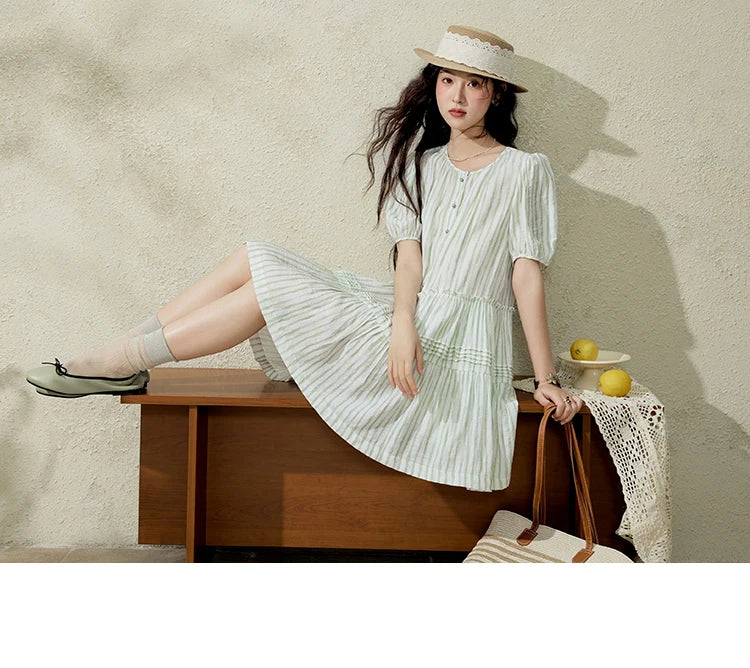 MISHOW French Green Striped Puff Sleeve Dress MXE15L2141
