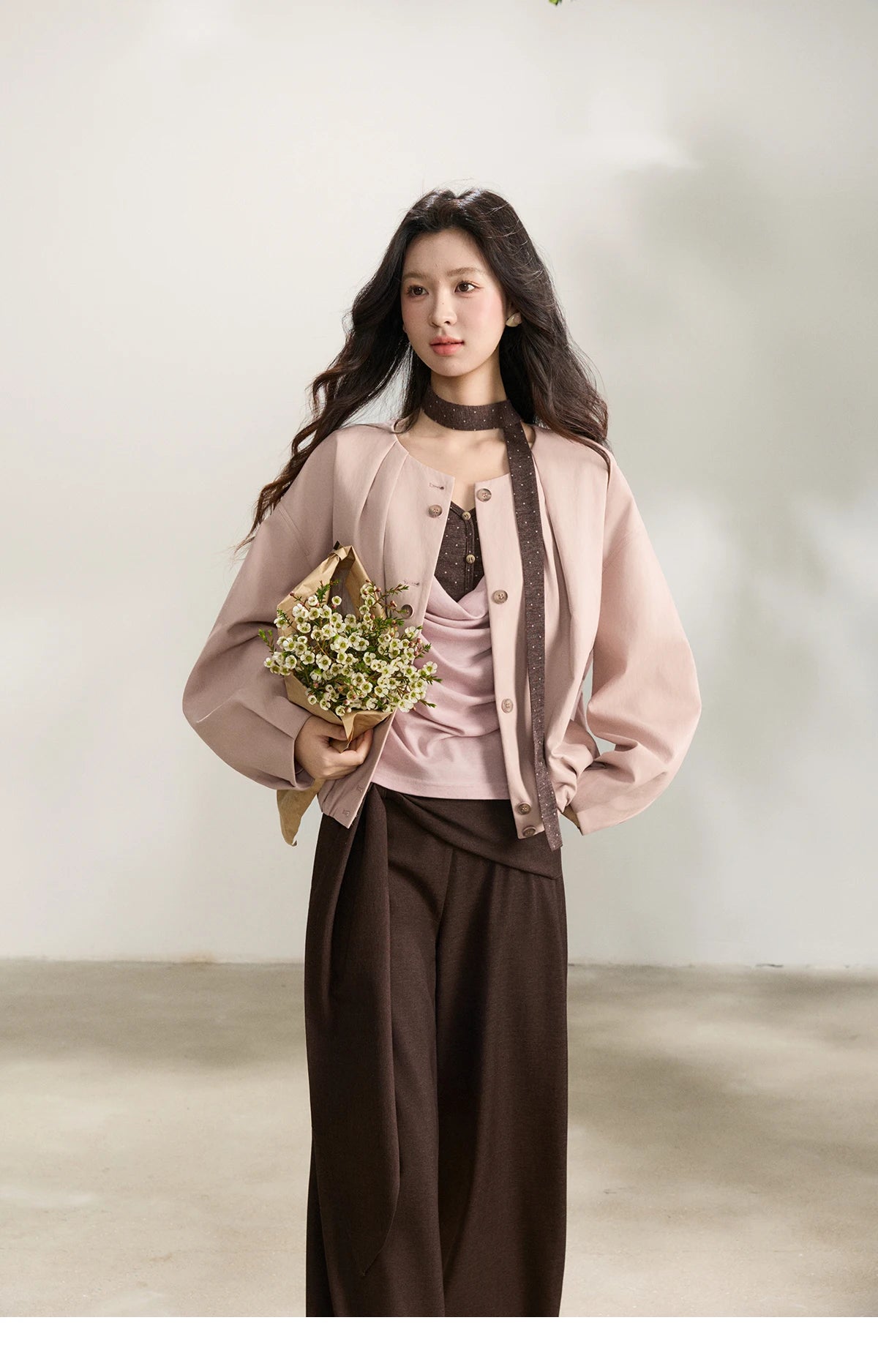 MISHOW Pink Flower Bud Leather Jacket Crew Neck Single-Breasted MXF108W1001