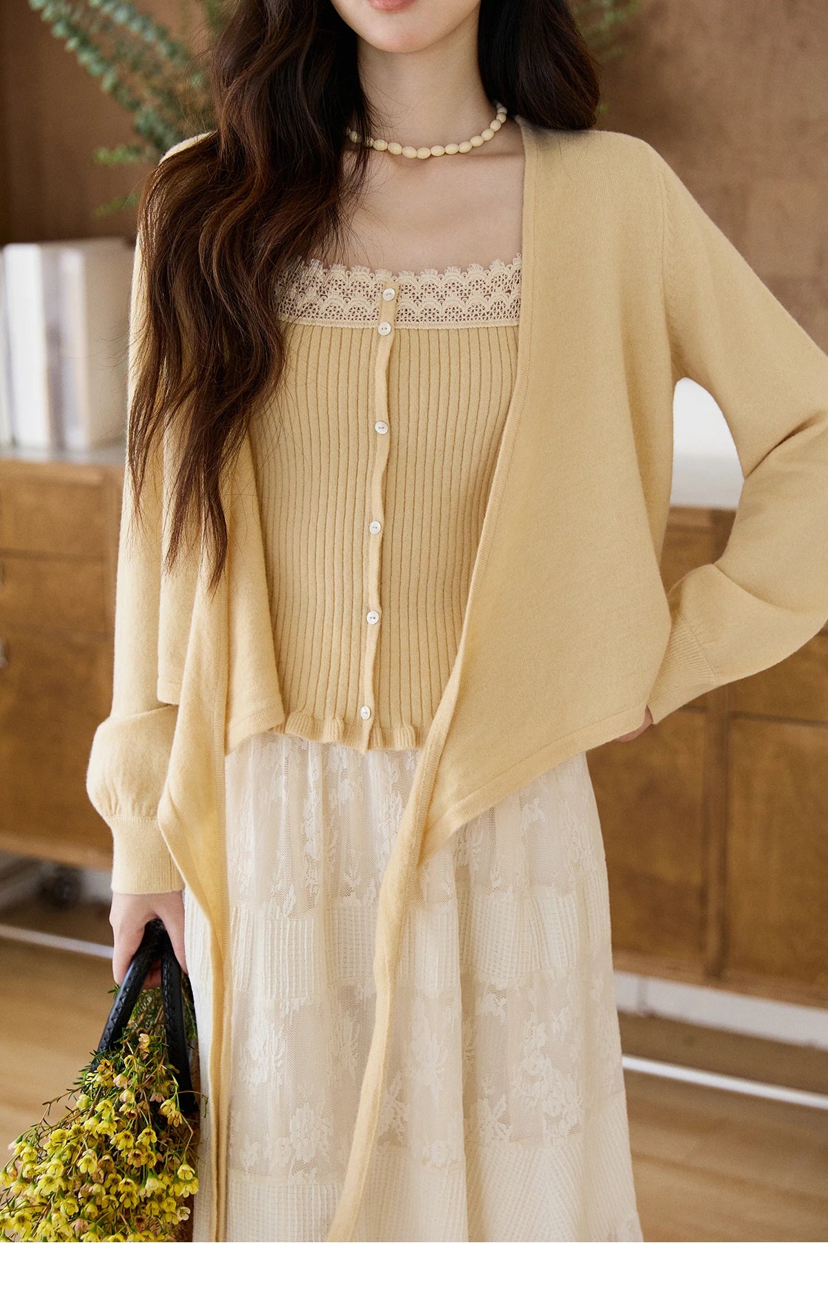Mishow Yellow Ruffled Camisole & Lace Cardigan Set MXF11T1472