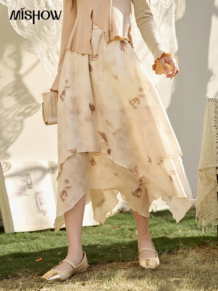 MISHOW Long Flowy Skirt Irregular High Waist A-Line Print Zipper MXD11B0215