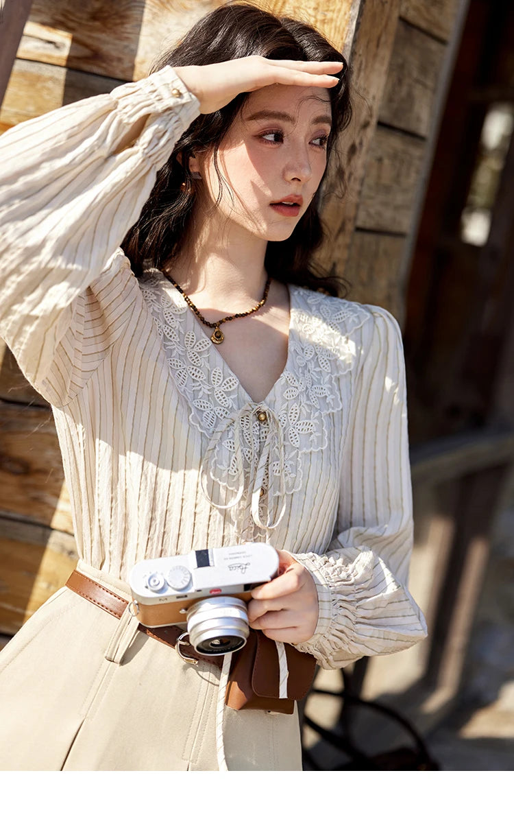 MISHOW French Retro V-Neck Shirt Lace Up Striped Embroidered MXE12X1715