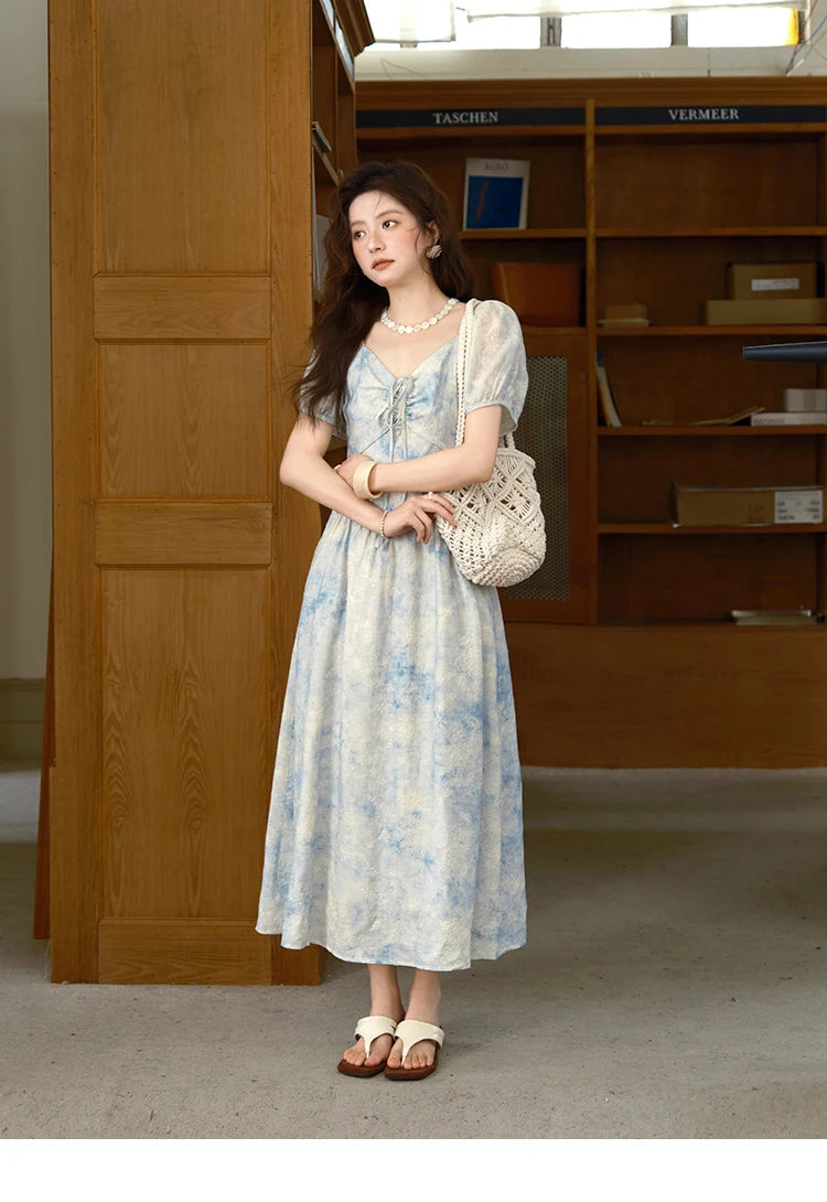 Mishow V-Neck Lace-Up Puff Sleeve Flower Dress MXE38L2379