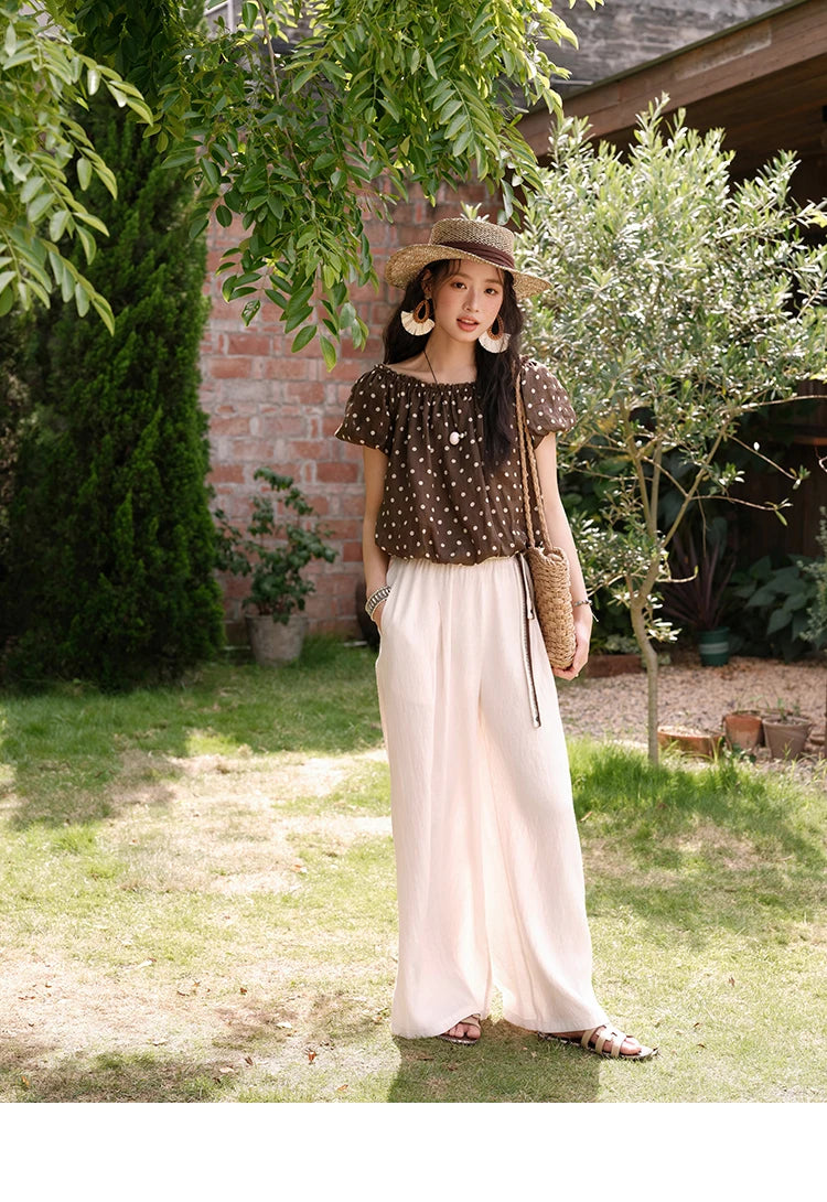 Mishow Polka Dot One Shoulder Puff Sleeve Top & Wide Leg Pants Set MXE38T0683