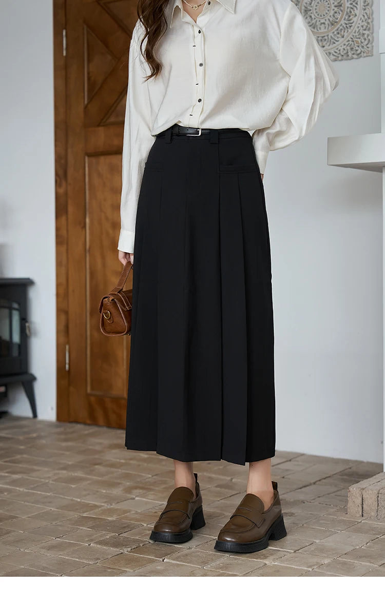 MISHOW Pleated Midi Skirt A-LINE Pockets Split Back Hem MXC42B0118
