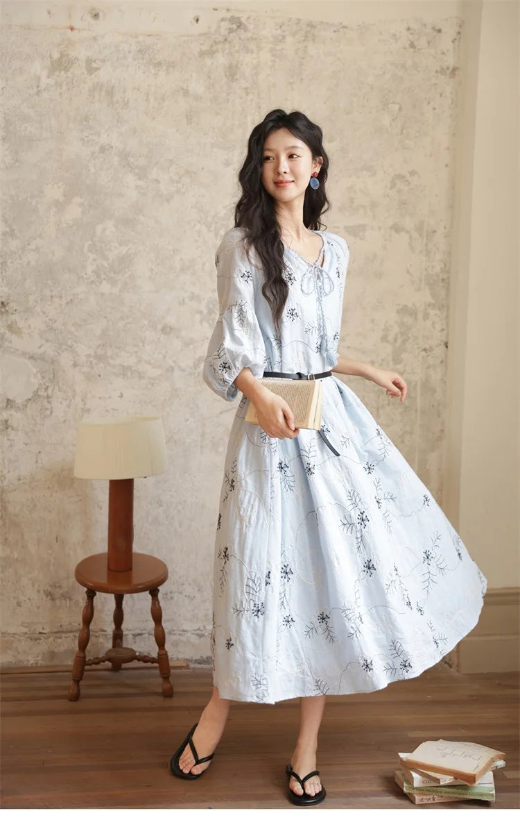 MISHOW Blue Flower Embroidered Lantern Sleeve Dress MXE42L2493