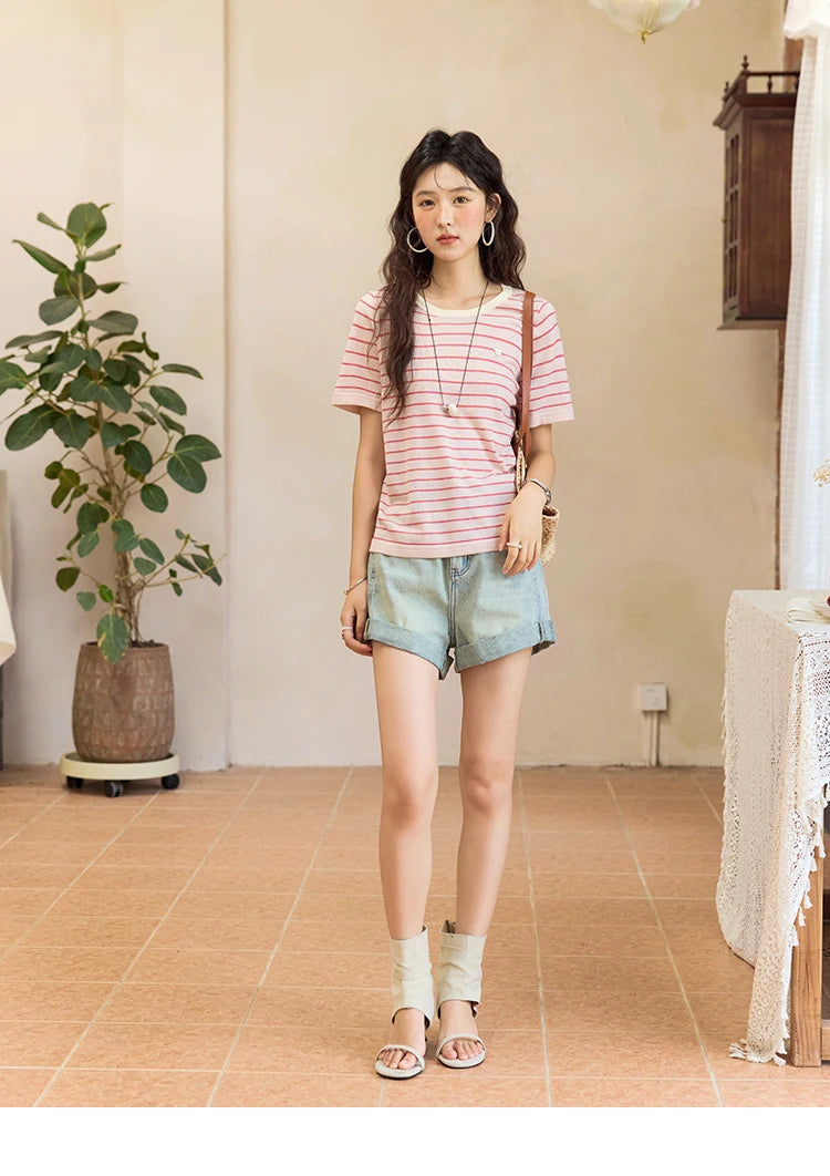 Mishow Striped Contrast Round Neck Tee MXE35Z1270