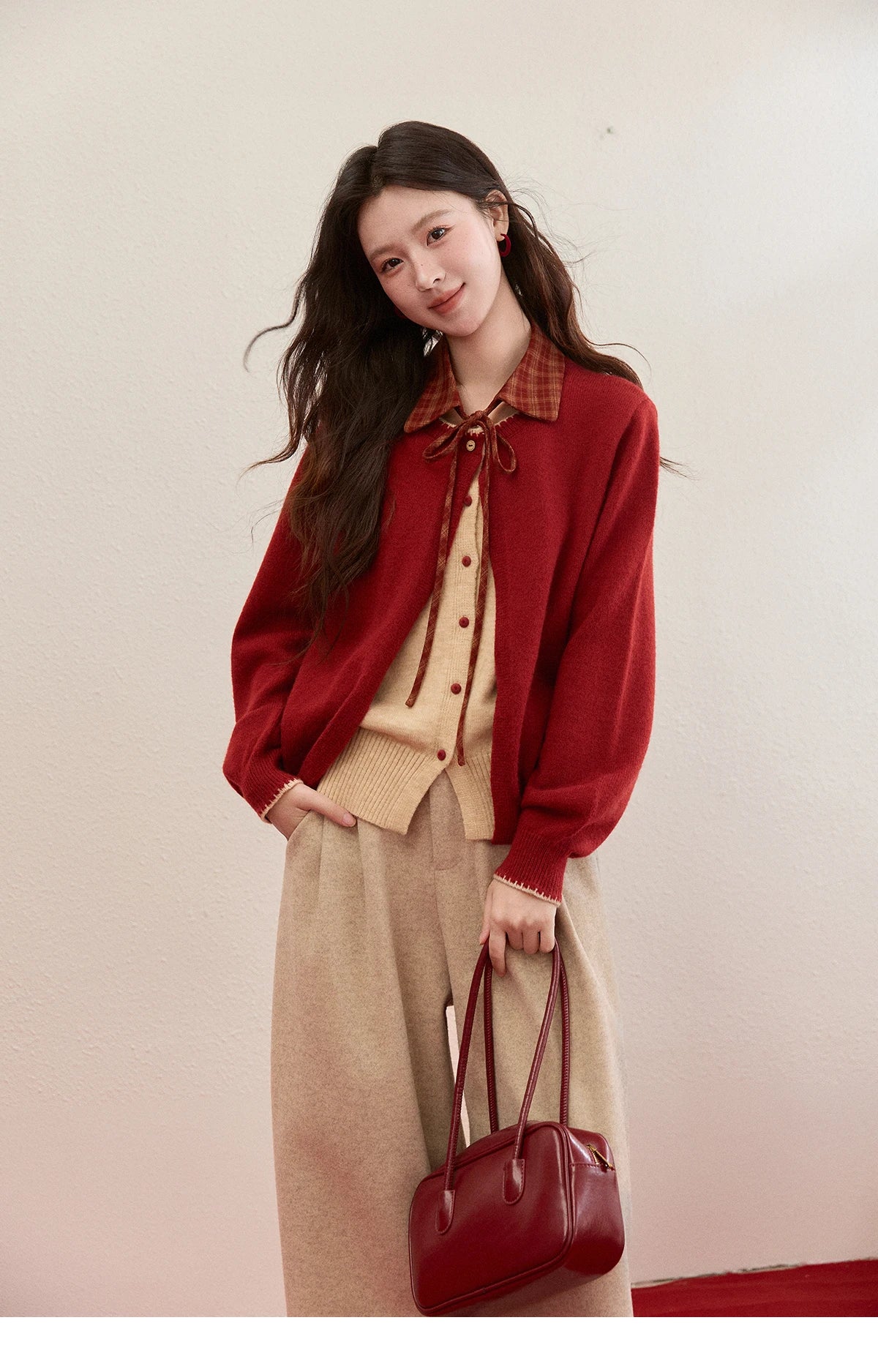 Mishow Color Block Fake Two-Piece Removable Collar Cardigan MXE93Z2816