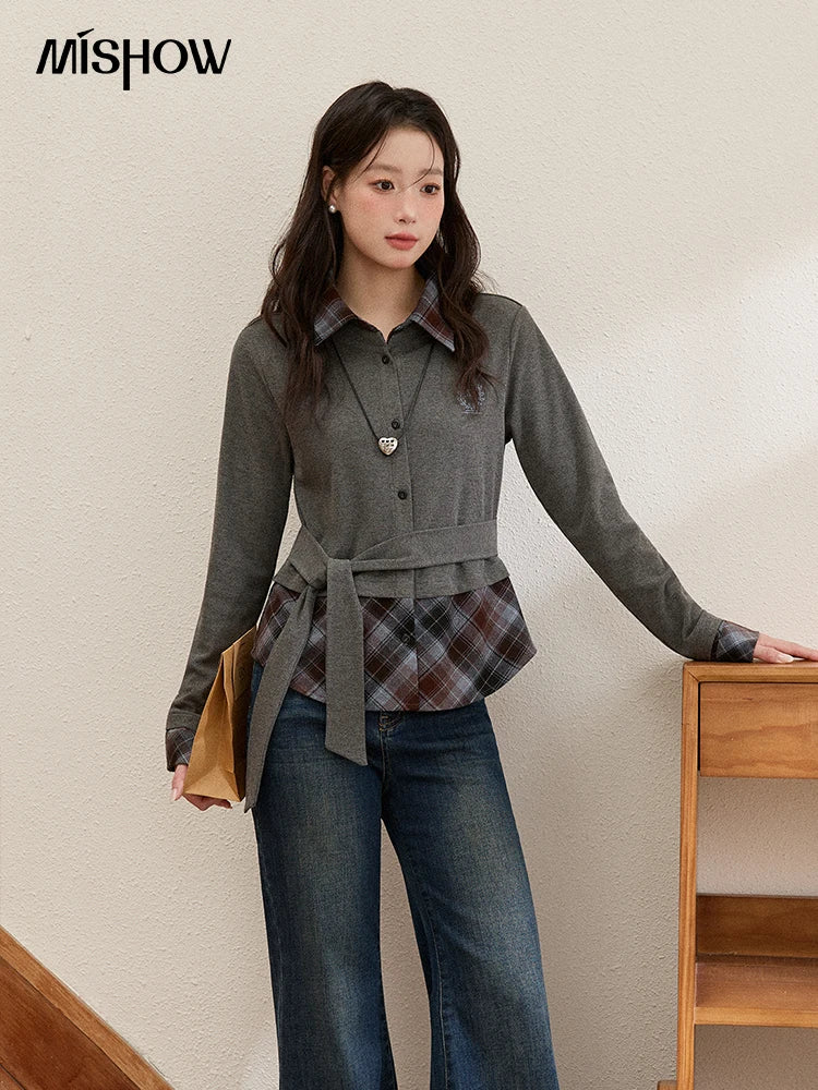 MISHOW Fake Two-Piece Plaid Shirt Lapel Waist Tie Embroidery MXE89C2421