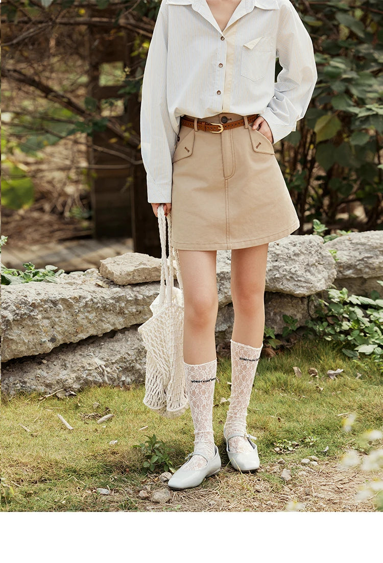 Mishow Khaki A-Line High Waist Pocket Skirt MXE15B0696