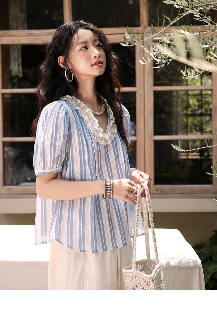 MISHOW Cotton Striped Blouse Lantern Sleeve Lace V-Neck MXE36X1845