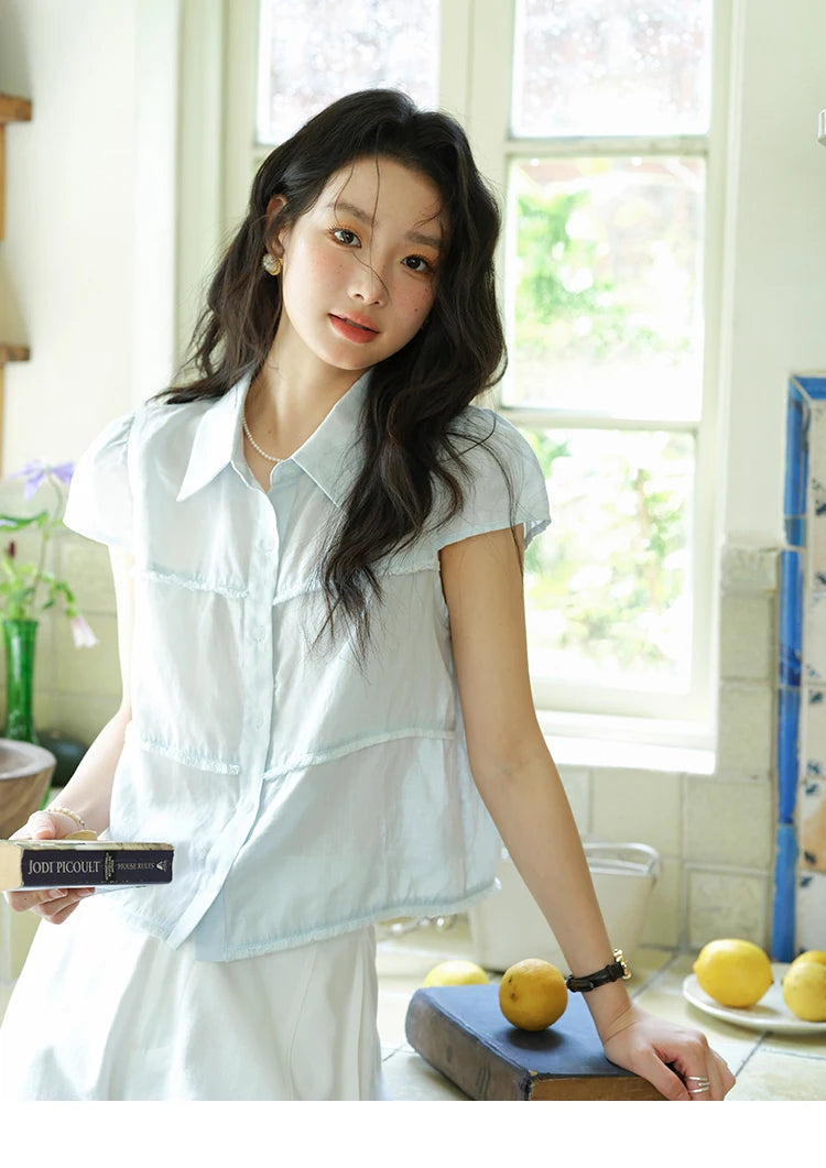 MISHOW Turn-Down Collar Button Shirt Edge Splicing Short Sleeve MXE39C2363