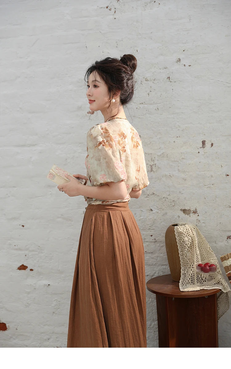 MISHOW French V-Neck Floral Puff Sleeve Blouse MXD28X1619