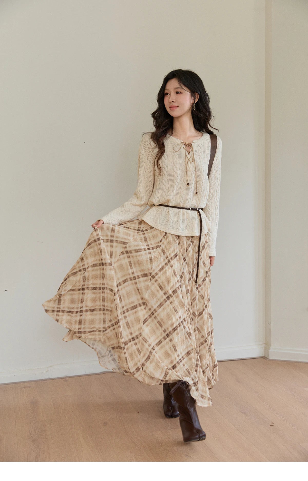 Mishow Beige V-Neck Lace-Up Cable Knit Sweater MXF108Z1029