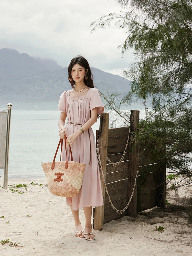 Mishow Bohemian Pink Square Collar Belt Dress MXE33L2158