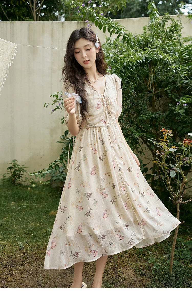 Mishow Butterfly Print V-Neck Lace-Up Bubble Sleeve Dress MXD15L1778