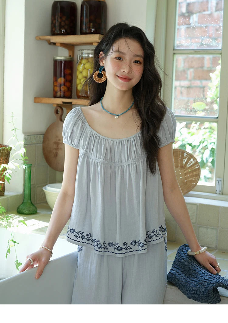 Mishow Embroidery Flower Round Neck Blouse & Pocket Wide Leg Pants Set MXE39T0669